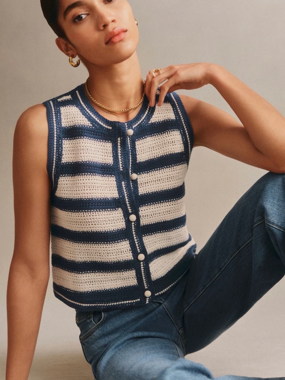 Sezane Navy and Cream Striped Crochet Button-Front Tank